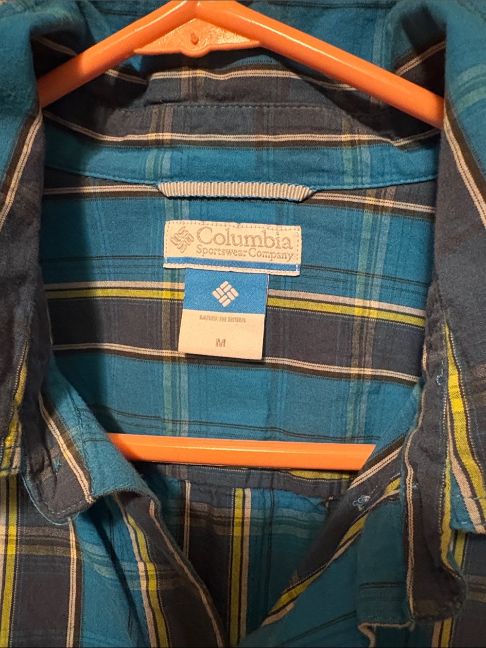 Columbia Teal and Navy Plaid Shirt with Yellow Accents